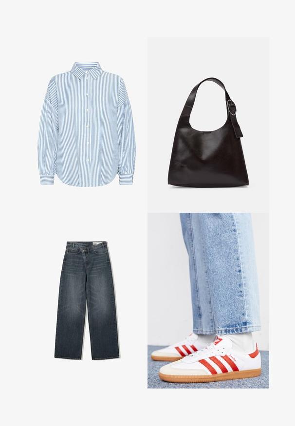Hellblau-weiße gestreifte Hemdbluse mit Kragen, lockerer Passform, luftigen Ärmeln und geknöpften Handgelenken. Aus leichtem Stoff gefertigt.; Dunkel waschjeans mit weitem Bein, hoher Taille, fünf Taschen und dezenten Abnutzungen an der Vorderseite.; Weiße Leder Sneaker mit roten Streifen und Akzenten. Verfügt über eine strukturierte Gummi-Laufsohle und einen gepolsterten Schaft. Tragen mit hellblauer Jeans.; Braune Lederumhängetasche mit glatter Textur, runder Form, breitem Tragegurt und metallischem, kreisförmigem Akzent am Griff.