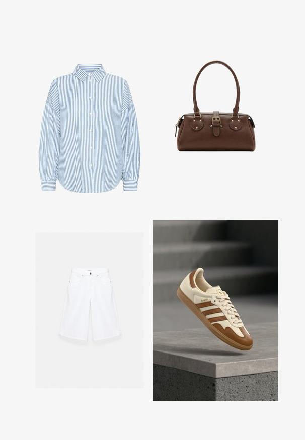 Lyseblå og hvid stribet skjorte med knapper, krave, løs pasform, bløde ærmer og opfoldede håndled. Fremstillet af et let materiale.; Hvide knælange denimshorts med forlommer, bæltestropper og knaplukning.; Klassisk sneaker med øverste del i cremefarvet læder, brune accenter, tre striber og en tekstureret gummisål. Har en rundet snude og snørelukning.; Brun læderhåndtaske med to håndtag, en central spænde-strop og guldfarvede beslag, vist mod en hvid baggrund.