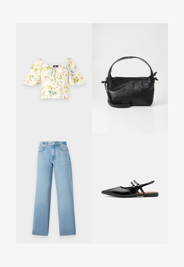 Top court floral avec des manches bouffantes, se caractérise par un décolleté carré, tissu principalement blanc avec des motifs floraux verts, jaunes et bleus.; Jeans larges de couleur bleu clair en denim, avec une taille haute, un design à cinq poches et une fermeture à bouton avec zip.; Des chaussures slingbacks en cuir verni noir présentent un bout pointu, deux sangles avec des accents de boucle, et une semelle plate.; Sac à main en cuir noir au design structuré, avec une poignée arrondie et une bandoulière amovible. Présente une texture lisse et un éclat subtil.