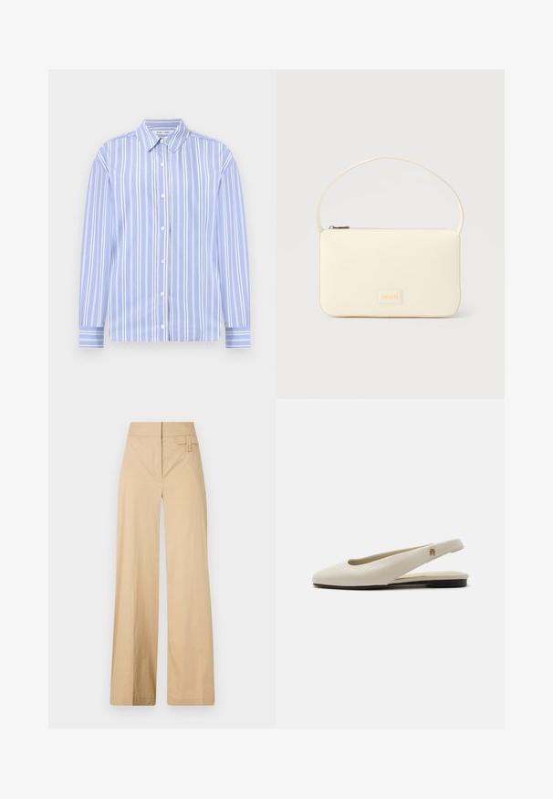 Chemise à manches longues bleu clair avec des rayures blanches verticales, col boutonné et fermeture à boutons à l'avant ; tissu lisse avec un design structuré.; Pantalons larges beige en coton mélangé. Caractéristiques : texture lisse, taille élastique et détail à bouton sur le côté.; Chaussure plate slingback en cuir couleur crème avec un bout arrondi et un petit emblème doré sur la bride.; Sac à main rectangulaire de couleur crème avec une seule sangle et une fermeture éclair sur le dessus, comportant une petite plaque de logo embossé à l'avant.
