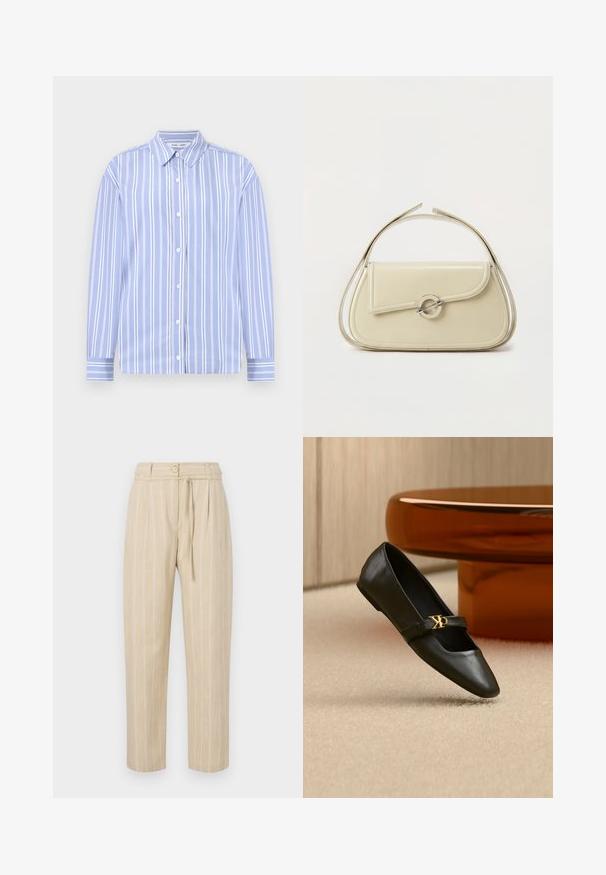 Chemise à manches longues bleu clair avec des rayures blanches verticales, col boutonné et fermeture à boutons à l'avant ; tissu lisse avec un design structuré.; Pantalon beige à rayures avec une coupe décontractée, présentant une taille cintrée, une fermeture à bouton et une ceinture à nouer, fabriqué à partir d'un tissu léger.; Chaussure plate en cuir noir avec bout pointu et logo CK doré sur la bride, posée sur un tapis beige près d'une table ronde couleur ambre brun.; Sac à main en cuir crème avec rabat incurvé, fermoir circulaire en argent et poignée courte sur le dessus, sur fond blanc uni.