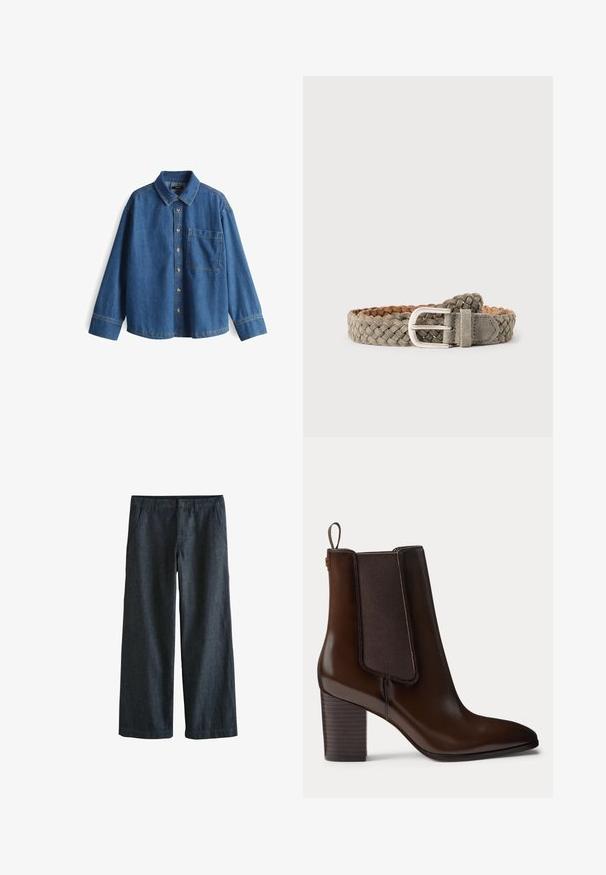 Jeanshemd, hellblau, langärmlig, Knopfleiste vorne, Kragen, eine Brusttasche, kontrastierende Nähte und ein lässiger Schnitt.; Dunkelblaue Jeans mit weitem Bein, mit Front- und Seitentaschen sowie Gürtelschlaufen, flach auf weißem Hintergrund liegend.; Dunkelbrauner Leder-Stiefelette mit Blockabsatz und elastischem Seitenteil, mit einer Zuglasche hinten für einfaches Anziehen.; Geflochtener grauer Veloursledergürtel mit silberner Schnalle, flach auf weißem Hintergrund liegend.