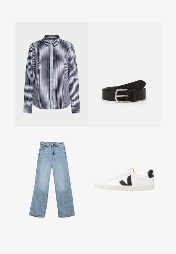 Chemise à manches longues boutonnée avec des rayures verticales bleu marine et blanches et un col classique, présentée sur un fond uni.; Jean large taille haute bleu clair avec fermeture par bouton et fermeture éclair, poches avant et arrière et passants de ceinture.; Baskets blanches avec un logo V noir, présentant un dessus en cuir lisse, un bout rond, un système de laçage et un empiècement au talon noir contrastant.; Ceinture en cuir noir avec une texture lisse, dotée d'une boucle en métal argenté et d'une extrémité effilée. Design simple et classique.