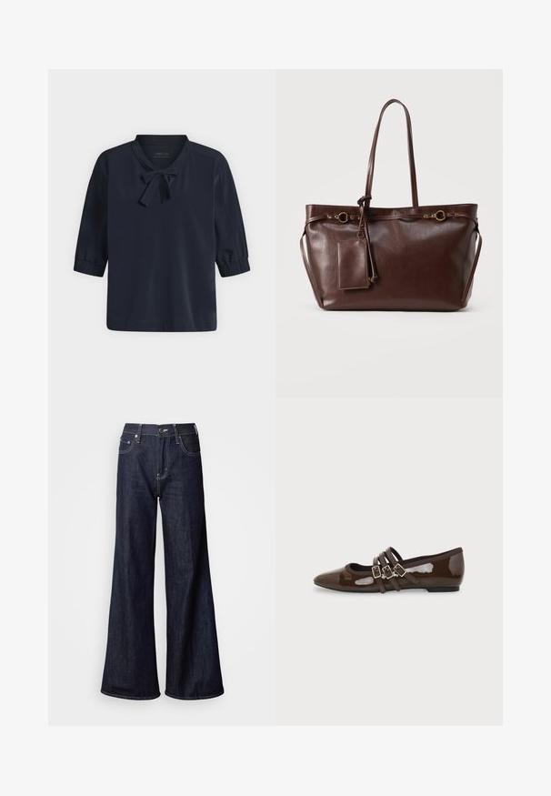 Blouse bleu marine avec des manches bouffantes jusqu'aux coudes et un petit nœud noué au niveau du col, présentée sur un fond clair uni.; Jean à jambes larges en denim foncé, présentant une taille haute, cinq poches, des coutures blanches contrastantes et une texture lisse.; Chaussure plate en cuir verni marron avec bout pointu et trois brides ajustables à boucle sur le côté, vue du profil extérieur.; Sac cabas en cuir marron foncé avec deux longues anses, anneaux décoratifs en or, et pochette rectangulaire attachée avec fermeture éclair.