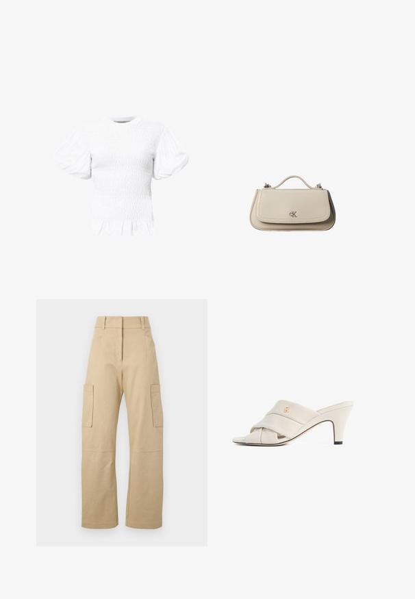 AllSaints DAEL - Μπλούζα - optic white; Μπεζ cargo παντελόνι από βαμβάκι, με ψηλή μέση, φαρδιές μανσέτες, δύο πλαϊνές τσέπες και δύο μεγάλες τσέπες cargo στους μηρούς.; Μπεζ mule με ψηλό τακούνι, σχεδιασμένο με συστρεφόμενα λουράκια από δέρμα, ανοιχτό δάχτυλο και ανάγλυφη διακόσμηση με λογότυπο. Η φτέρνα έχει μαύρη λεπτομέρεια στην άκρη.; Μικρή μπεζ δερμάτινη τσάντα χειρός με επάνω λαβή και ασημένιο λογότυπο CK στη μπροστινή πτερύγιο, εμφανίζεται σε λευκό φόντο.