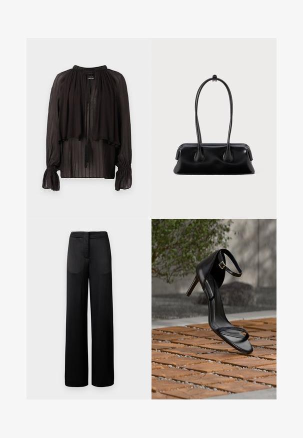 Blusa negra transparente con un cuello alto, frente con capas, puños elásticos y borlas decorativas. Presenta una textura de rayas verticales.; Pantalones negros de pierna ancha con una superficie texturada, que cuentan con una cintura plana y dos bolsillos laterales. La tela parece ligera y fluida.; Sandalia negra de tacón alto con correa en el tobillo, parece suspendida sobre un suelo de baldosas de madera al aire libre, con un fondo difuminado de vegetación y piedra.; Bolso de mano de cuero negro con dos asas alargadas, una textura suave y una base redondeada con detalles decorativos en los laterales.