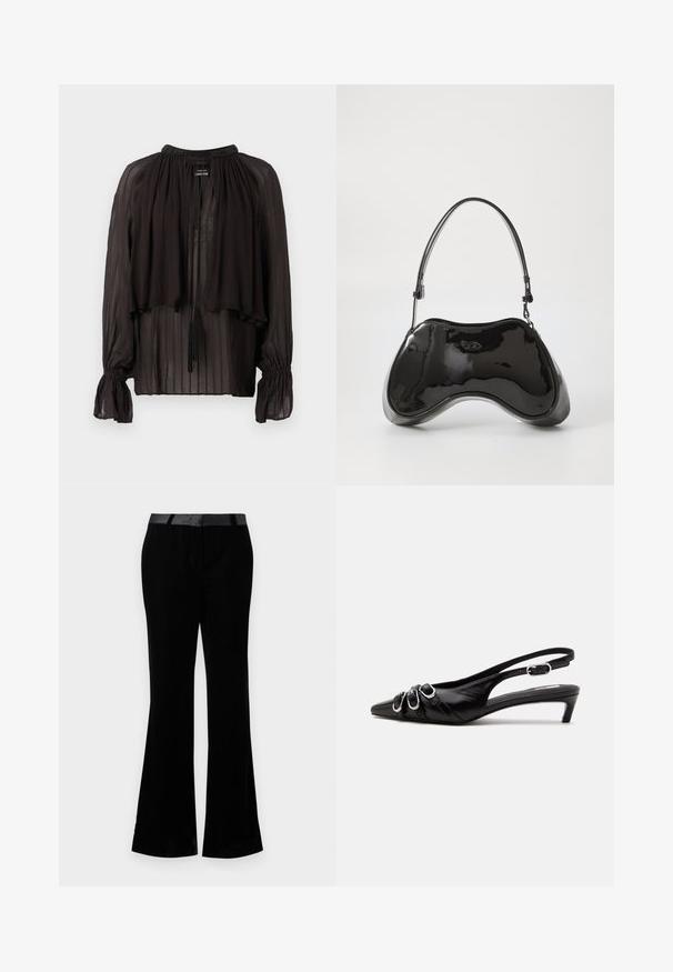 Blusa negra transparente con un cuello alto, frente con capas, puños elásticos y borlas decorativas. Presenta una textura de rayas verticales.; Pantalones acampanados negros de tela suave. Presentan una cinturilla plana con un acabado brillante. Diseño ajustado con dos bolsillos frontales.; Zapato slingback de cuero negro con punta puntiaguda, tres hebillas plateadas en la parte delantera y tacón bajo tipo «kitten» sobre fondo blanco.; Bolso de mano de piel sintética negra con un diseño curvado único, asas cortas y ajustables, y abertura con cremallera en la parte superior. Textura suave con una sutil marca.