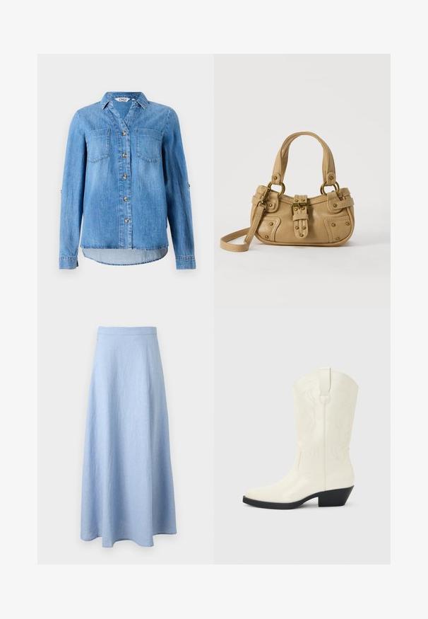 Chemise en denim bleu clair avec un devant à boutons, deux poches poitrine et des manches retroussées avec détail à bouton.; Jupe trapèze bleu clair, longueur cheville, avec une taille ajustée, en tissu doux et texturé, présentée sur fond blanc.; Botte blanche de style western mi-mollet avec bout pointu, talon empilé noir, coutures décoratives et languette de tirage sur la tige.; Sac à main en cuir beige avec double poignées, boucle en laiton et détails rivetés, ainsi qu'une bandoulière réglable sur fond blanc.