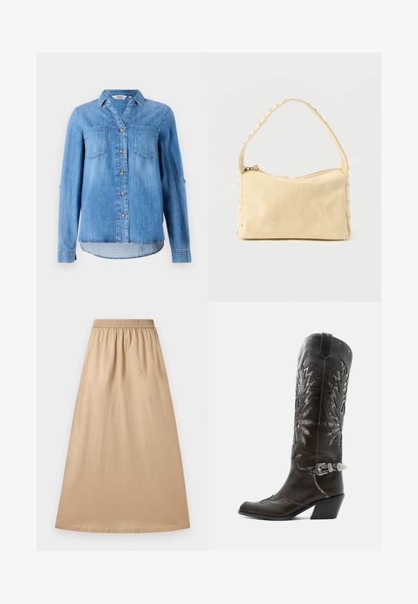 Chemise en denim bleu clair avec un devant à boutons, deux poches poitrine et des manches retroussées avec détail à bouton.; Jupe maxi beige en tissu léger, dotée d'une taille élastique et d'une texture lisse, avec un design droit et fluide.; Botte de cowboy en cuir noir avec découpes décoratives, boucle argentée et talon incliné, présentée sur fond blanc.; Petit sac à main en cuir beige avec une seule bandoulière et des clous argentés le long des bords et de la bandoulière, posé sur un fond uni.