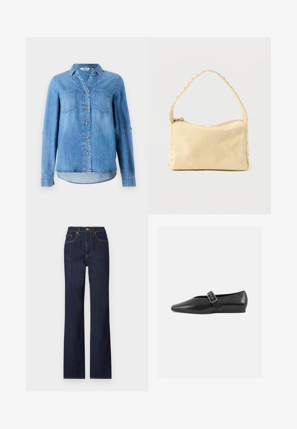 Lys blå denimskjorte med knaplukning foran, to brystlommer og ærmer som kan rulles op med knapdetaljer.; Mørkeblå denim jeans med lige ben, featuring en frontlukning med knap, fem lommer og kontrasterende syninger.; Sorte læder flade sko med spidse tæer, prydet med en metallisk spænde over vristen og en lav, fleksibel sål.; Lille beige læderhåndtaske med en enkelt rem og sølvnitter langs kanterne og remmen, sat mod en ensfarvet baggrund.