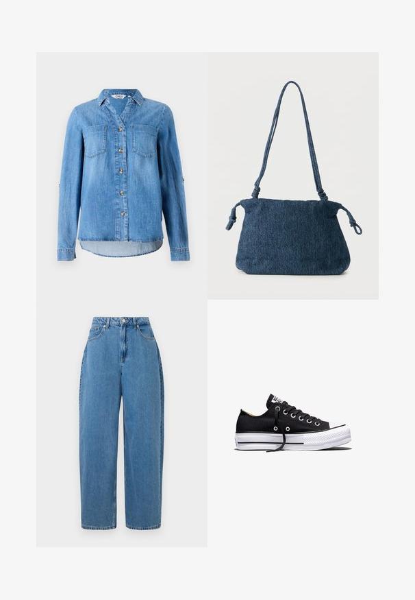 Lichtblauw denim overhemd met een knoopsluiting aan de voorkant, twee borstzakken en opgerolde mouwen met knoopdetail.; Lichtblauwe denim broek met een recht gesneden fit, hoge taille en voorste knoopsluiting. Heeft vijf zakken en minimale stikdetails.; Zwarte lage canvas sneaker met witte rubberen plateauzool, zwarte veters en metalen oogjes op een witte achtergrond.; Donkerblauwe spijkerstof schoudertas met knoopdetails aan de band en een eenvoudig rechthoekig ontwerp tegen een witte achtergrond.