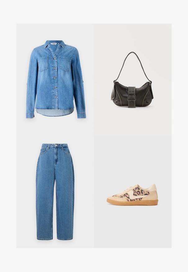 Lys blå denimskjorte med knaplukning foran, to brystlommer og ærmer som kan rulles op med knapdetaljer.; Lyseblå denimbukser med lige ben, høj talje og lukning med frontknap. Har fem lommer og minimale syninger.; Leopardprint sneakers med beige ruskindsoverdel, tan gummisål og hvide detaljer. Rund pegefinger og snørebåndsdesign med en tekstureret finish.; Sort læder skuldertaske med spænde på remmen, afrundede kanter og kontrasterende hvide syninger på en ensfarvet baggrund.