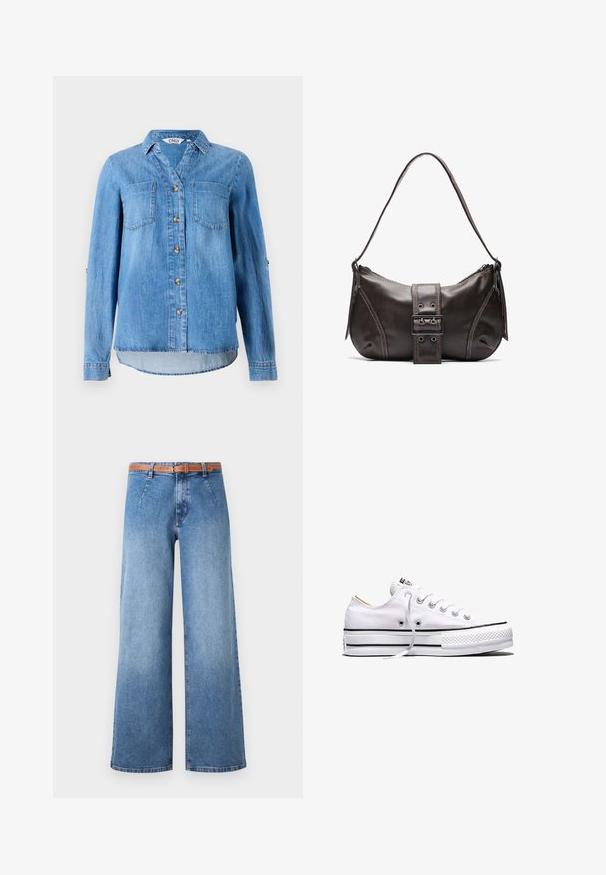 Lys blå denimskjorte med knaplukning foran, to brystlommer og ærmer som kan rulles op med knapdetaljer.; Bredde ben blå denimjeans med lys vask, som har et brunt bælte, forlommer og et klassisk fem-lomme design.; Hvid lavtop lærredssneakers med hvide snørebånd, sorte striber på sålen og gummieret tekstureret tåhætte, sidevendt på hvid baggrund.; Brun læder skuldertaske med en buet form, der har et fremtrædende spænde, kontrasterende syninger og en enkelt skulderrem.