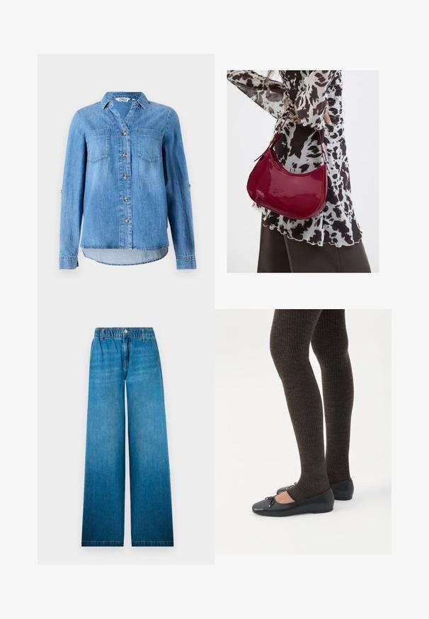 Lys blå denimskjorte med knaplukning foran, to brystlommer og ærmer som kan rulles op med knapdetaljer.; Bredbåndede jeans i lys blå denim, med en elastisk talje, en knaplukning og et lige snitdesign med en falmet effekt.; Ben iført mørke ribbede leggings kombineret med sorte balletsko med små sløjfedetaljer på hvid baggrund.; Kvinde iført en sort- og hvidmønstret bluse, der holder en blank rød skuldertaske mod en ensfarvet baggrund.