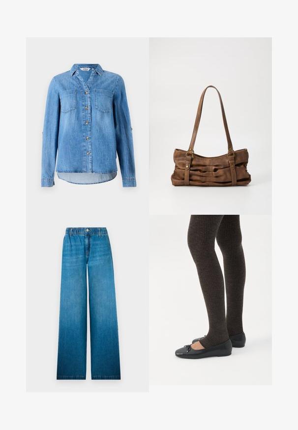 Lys blå denimskjorte med knaplukning foran, to brystlommer og ærmer som kan rulles op med knapdetaljer.; Bredbåndede jeans i lys blå denim, med en elastisk talje, en knaplukning og et lige snitdesign med en falmet effekt.; Ben iført mørke ribbede leggings kombineret med sorte balletsko med små sløjfedetaljer på hvid baggrund.; Even&Odd by Zalando Håndtasker - brown