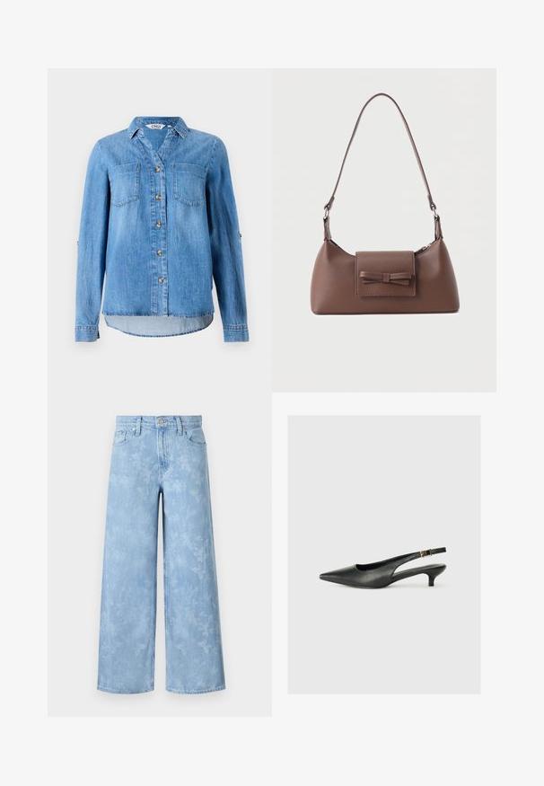 Hellblaues Denimhemd mit durchgehendem Knopfverschluss, zwei Brusttaschen und hochgerollten Ärmeln mit Knopfdetail.; Helleblaue weite Jeans mit einem verblassten floralen Muster, fünf Taschen und einem Knopfverschluss an der Taille. Denimstoff mit leichtem Textur.; Schwarzer Slingback-Schuh mit spitzem Zehenbereich aus glattem Leder. Mit einem dünnen Absatz und einer dekorativen Schnalle am verstellbaren Riemen.; Braune Leder-Umhängetasche mit einer vorderen Klappentasche, die ein gestepptes Schleifendetail und einen verstellbaren Riemen aufweist.