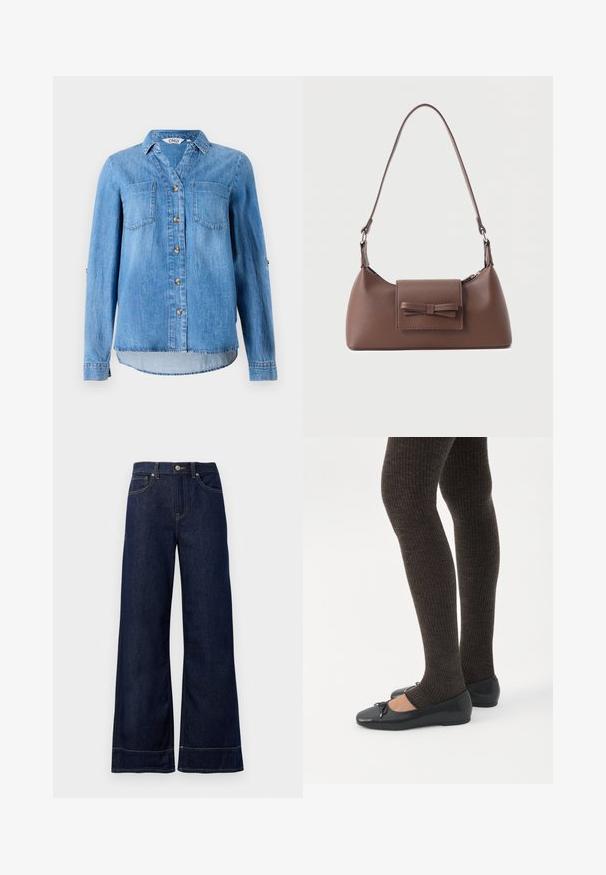 Lys blå denimskjorte med knaplukning foran, to brystlommer og ærmer som kan rulles op med knapdetaljer.; Mørkeblå brede jeans lavet af denim. Har en knaplukning, stikninger og sidelommer. Udfoldet nederste kant.; Ben iført mørke ribbede leggings kombineret med sorte balletsko med små sløjfedetaljer på hvid baggrund.; Brun skuldertaske i læder med en frontlomme med klap, der har en sydd sløjfedetalje, og en justerbar rem.