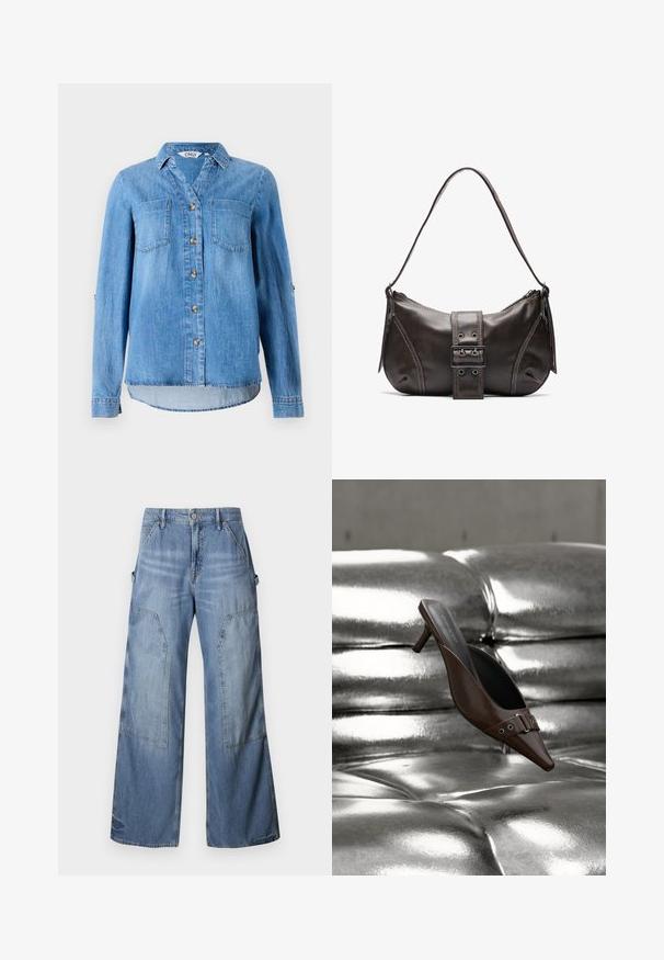 Lys blå denimskjorte med knaplukning foran, to brystlommer og ærmer som kan rulles op med knapdetaljer.; Good American GOOD EASE RELAXED - Jeans Relaxed Fit - indigo; Brun spids tå hæl mule med spænde detalje svævende over en skinnende sølv tuftet læderoverflade.; Brun læder skuldertaske med en buet form, der har et fremtrædende spænde, kontrasterende syninger og en enkelt skulderrem.