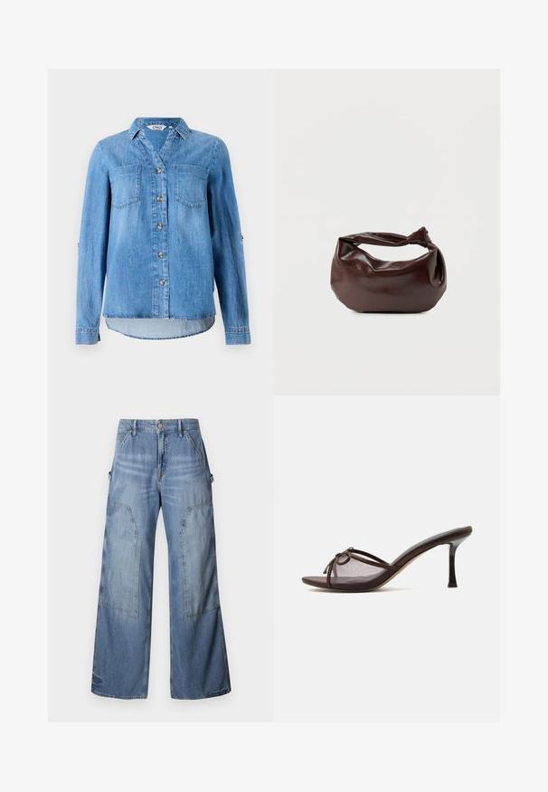 Lichtblauw denim overhemd met een knoopsluiting aan de voorkant, twee borstzakken en opgerolde mouwen met knoopdetail.; Good American GOOD EASE RELAXED - Relaxed fit jeans - indigo; Bruine mule met open teen, middenhoge naaldhak, transparante mesh bovenkant en klein strikdetail bovenop.; Donkerbruine leren schoudertas met een zachte, slungelige vorm en een gedraaide knoopvormige handgreep op een effen witte achtergrond.