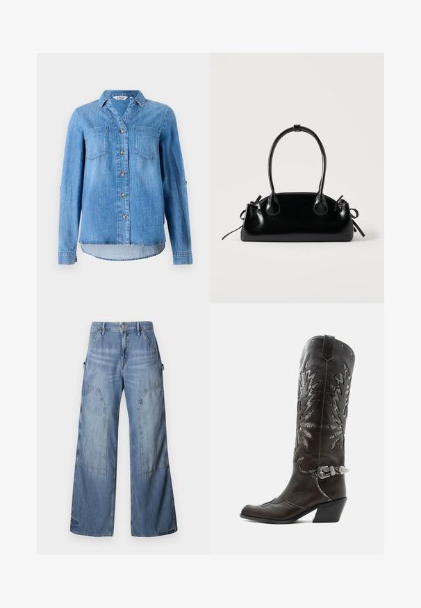 Hellblaues Denimhemd mit durchgehendem Knopfverschluss, zwei Brusttaschen und hochgerollten Ärmeln mit Knopfdetail.; Good American GOOD EASE RELAXED - Jeans Relaxed Fit - indigo; Schwarzer Leder-Cowboystiefel mit dekorativen Ausschnitten, silberner Schnalle und schräger Ferse, auf weißem Hintergrund dargestellt.; Kleine schwarze glänzende Handtasche mit zwei langen Griffen und seitlichen Kordelzug-Details vor einfachem hellem Hintergrund.