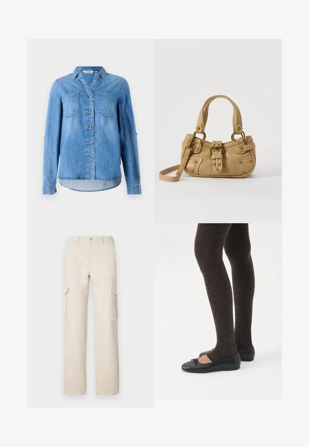 Chemise en denim bleu clair avec un devant à boutons, deux poches poitrine et des manches retroussées avec détail à bouton.; Pantalons cargo larges beiges en coton, avec deux poches latérales et une fermeture à boutons. Présente un design épuré et une silhouette droite.; Jambes portant des leggings côtelés foncés associés à des ballerines noires avec de petits détails en nœud sur fond blanc.; Sac à main en cuir beige avec double poignées, boucle en laiton et détails rivetés, ainsi qu'une bandoulière réglable sur fond blanc.