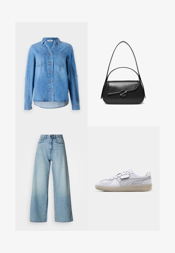 Chemise en denim bleu clair avec un devant à boutons, deux poches poitrine et des manches retroussées avec détail à bouton.; Jean bleu clair de style taille haute à jambes larges, en denim, avec un design à cinq poches et un délavage subtil pour la texture.; Baskets blanches en cuir avec des accents gris, fermeture à lacets et semelle en caoutchouc texturée. Présente un logo bien en vue sur le côté.; Sac à bandoulière en cuir noir avec un rabat incurvé fermé par un fermoir métallique rond et une sangle fine et ajustable.