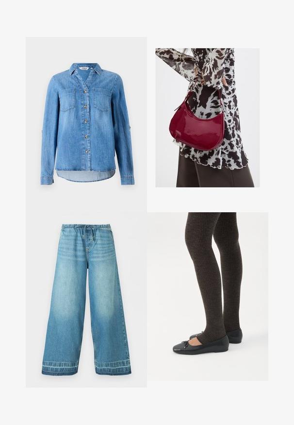 Chemise en denim bleu clair avec un devant à boutons, deux poches poitrine et des manches retroussées avec détail à bouton.; Pantalon en jean bleu clair à jambes larges avec une ceinture élastique et un cordon de serrage, poches avant et détails délavés subtils.; Jambes portant des leggings côtelés foncés associés à des ballerines noires avec de petits détails en nœud sur fond blanc.; Femme portant un chemisier à motif noir et blanc tenant un sac à main rouge brillant sur un fond uni.