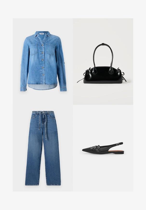 Lichtblauw denim overhemd met een knoopsluiting aan de voorkant, twee borstzakken en opgerolde mouwen met knoopdetail.; Lichtblauwe denim wide-leg jeans met een hoge taille, voorzien van een striksluiting, twee voorzakken en een licht vervaagd patroon.; Zwarte leren slingback ballerina met spitse neus, voorzien van twee horizontale bandjes en vierkante zilveren gespen, lage hak en een gladde textuur.; Kleine zwarte glanzende handtas met twee lange hengsels en zijkant trekkoord details op een effen lichte achtergrond.