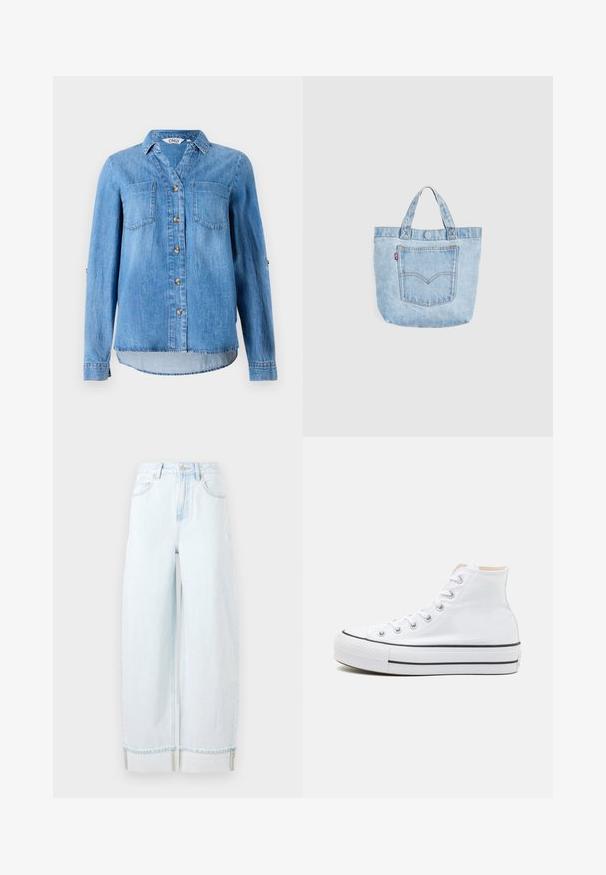 Lys blå denimskjorte med knaplukning foran, to brystlommer og ærmer som kan rulles op med knapdetaljer.; Lyseblå vidde jeans lavet af denim, med høj talje, forlommer og en rullet kant med synlige syninger.; Hvide høj-top sneakers lavet af kanvasmateriale, sort gummisål og kontrasterende sort stribe på mellemsålen. Rund tåhætte og snørebåndsdesign.; Lyseblå denim tote-taske med dobbelte håndtag og forlomme med orange syninger og et lille rødt stofmærke.