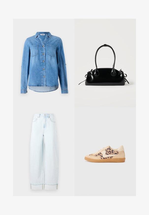 Lichtblauw denim overhemd met een knoopsluiting aan de voorkant, twee borstzakken en opgerolde mouwen met knoopdetail.; Lichtblauwe wijdvallende spijkerbroek van denim, met een hoge taille, zijzakken en een omgeslagen zoom met zichtbare stikselaccenten.; Luipaardprint sneakers met een beige suède bovenkant, tan rubberen zool en witte accenten. Ronde neus en vetersluiting met een gestructureerde afwerking.; Kleine zwarte glanzende handtas met twee lange hengsels en zijkant trekkoord details op een effen lichte achtergrond.