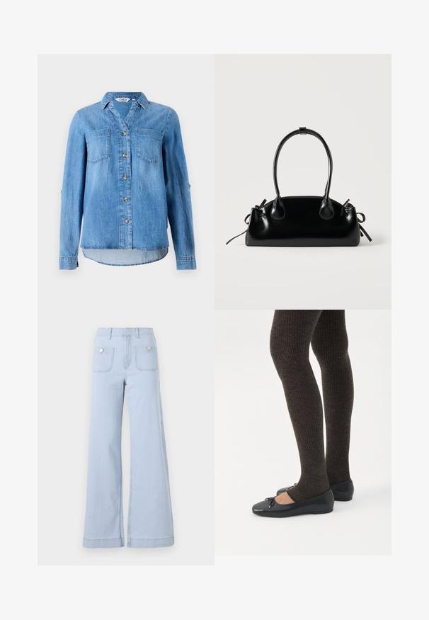 Chemise en denim bleu clair avec un devant à boutons, deux poches poitrine et des manches retroussées avec détail à bouton.; Jean large en denim bleu clair, avec une taille haute, de grandes poches avant et des accents métalliques sur les poches arrière.; Jambes portant des leggings côtelés foncés associés à des ballerines noires avec de petits détails en nœud sur fond blanc.; Petit sac à main noir brillant avec deux longues anses et des détails à cordon sur les côtés sur un fond clair uni.