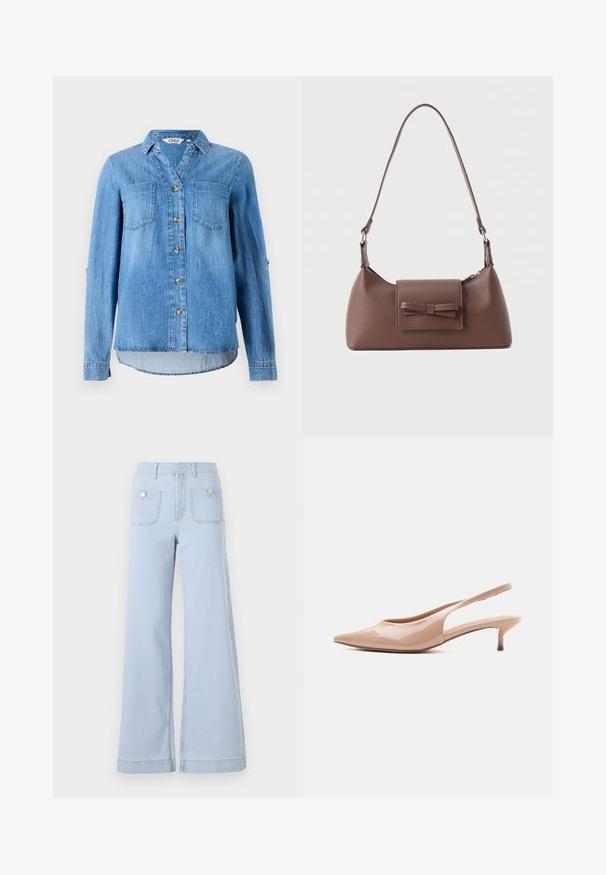 Chemise en denim bleu clair avec un devant à boutons, deux poches poitrine et des manches retroussées avec détail à bouton.; Jean large en denim bleu clair, avec une taille haute, de grandes poches avant et des accents métalliques sur les poches arrière.; Chaussure slingback en cuir verni beige avec bout pointu et petit talon bobine, vue de profil sur fond blanc.; Sac à bandoulière en cuir marron avec une poche à rabat avant ornée d'un détail en forme de nœud cousu et une sangle réglable.