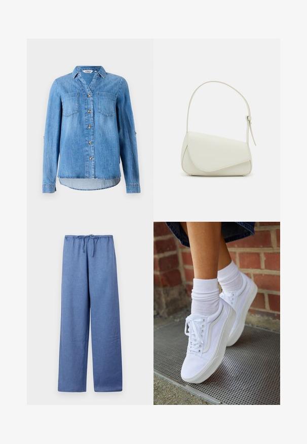 Hellblaues Denimhemd mit durchgehendem Knopfverschluss, zwei Brusttaschen und hochgerollten Ärmeln mit Knopfdetail.; Himmelblaue, weit geschnittene Hose mit Kordelzugbund, aus einem weichen Stoff gefertigt, mit glatter Textur und lockerer Passform.; Weiße Leinensneaker mit Gummisohlen, ausgestattet mit sechs Ösen, runder Zehenpartie und dezenten Nähten, kombiniert mit weißen Knöchelsocken.; Weiße Kunstleder-Handtasche mit einer strukturierten dreieckigen Form, einem verstellbaren Einzelgurt und einem Klappenverschluss mit geschwungenen Akzenten.