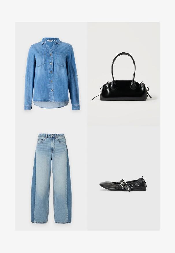 Lichtblauw denim overhemd met een knoopsluiting aan de voorkant, twee borstzakken en opgerolde mouwen met knoopdetail.; Lichtblauwe denim wijde jeans met een vervaagde afwerking, vijf zakken, knoopsluiting en rafelige zomen. Versleten textuur en stiksels als accenten.; Zwarte leren platte schoen met een spitse neus, geplooide details rond de opening en een zilveren gespaccentueerde verstelbare band.; Kleine zwarte glanzende handtas met twee lange hengsels en zijkant trekkoord details op een effen lichte achtergrond.