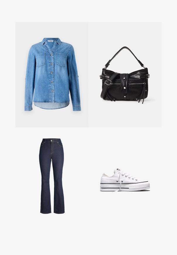 Lys blå denimskjorte med knaplukning foran, to brystlommer og ærmer som kan rulles op med knapdetaljer.; Mørkeblå højhellige denim jeans med knap og lynlås foran, forlommer og let udvidede ben.; Hvid lavtop lærredssneakers med hvide snørebånd, sorte striber på sålen og gummieret tekstureret tåhætte, sidevendt på hvid baggrund.; Even&Odd H24462 - Håndtasker - black