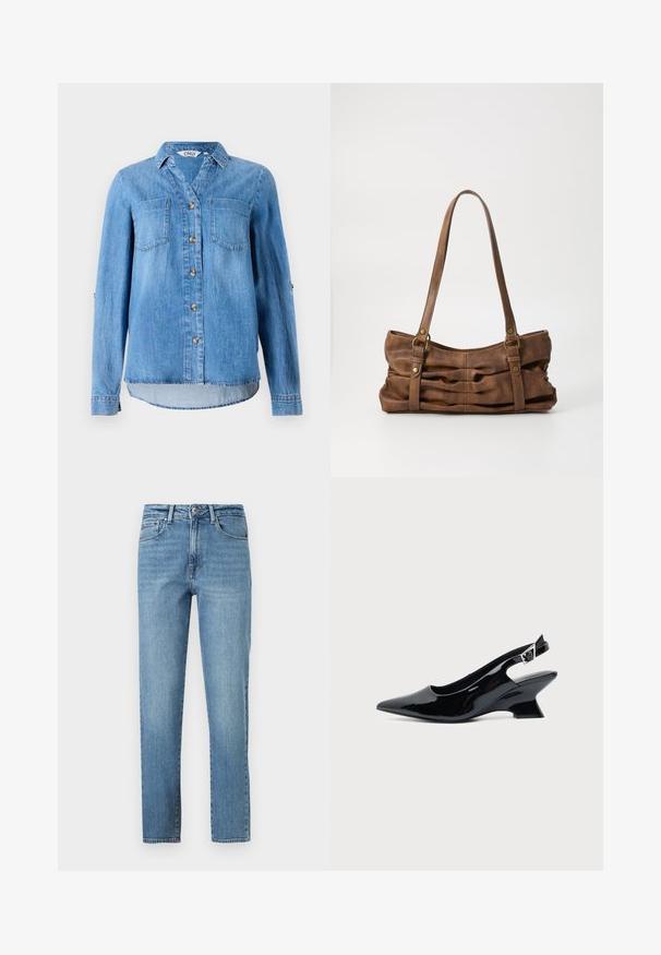 Lys blå denimskjorte med knaplukning foran, to brystlommer og ærmer som kan rulles op med knapdetaljer.; Lyseblå jeans lavet af denim med lige ben, fem lommer og en standard talje med forreste knap og lynlås.; Sort laklæder slingback sko med spids tå og lav vinklet blokhæl på ensartet lys baggrund.; Even&Odd Håndtasker - brown