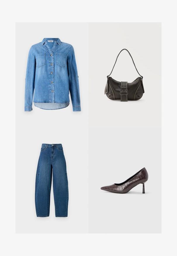 Chemise en denim bleu clair avec un devant à boutons, deux poches poitrine et des manches retroussées avec détail à bouton.; Jean en denim de teinte bleu moyen, présentant une taille haute, une coupe large et un design standard à cinq poches avec des détails de coutures visibles.; Escarpins à bout pointu en similicuir marron avec une texture crocodile, dotés d’un talon fin et angulaire ainsi que d’une doublure intérieure lisse.; Sac à épaule en cuir noir avec une sangle à boucle, des bords arrondis et des coutures blanches contrastées sur un fond uni.