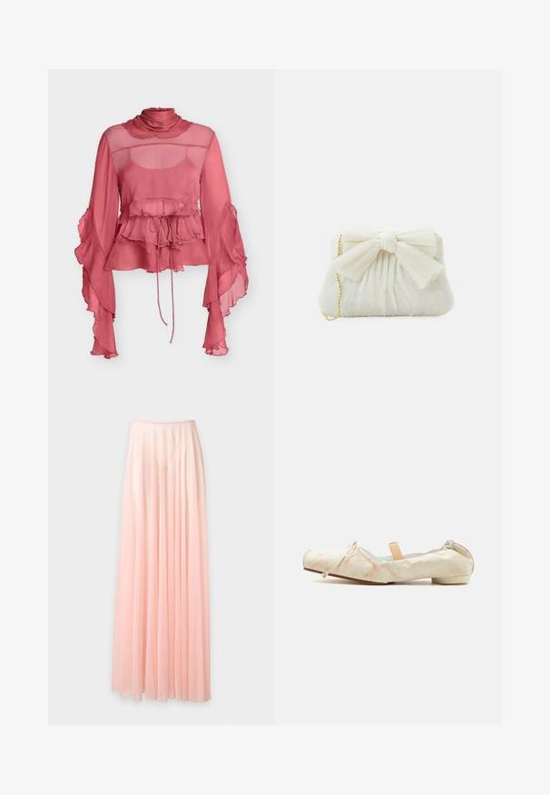 Blouse rose poussiéreux transparente avec col montant à volants, taille à volants superposés, manches évasées fluides et cordon de serrage ajustable à l'avant.; Jupe longue plissée en chiffon rose pâle avec une taille élastique, présentée sur un fond blanc uni.; Ballerine en tissu doux beige avec un petit talon, un dos élastique, un détail de nœud sur l'orteil et une sangle élastique pêche traversant le cou-de-pied.; Sac à main plissé blanc avec un nœud proéminent et une chaîne dorée. Texture douce avec un design froncé à l'avant.