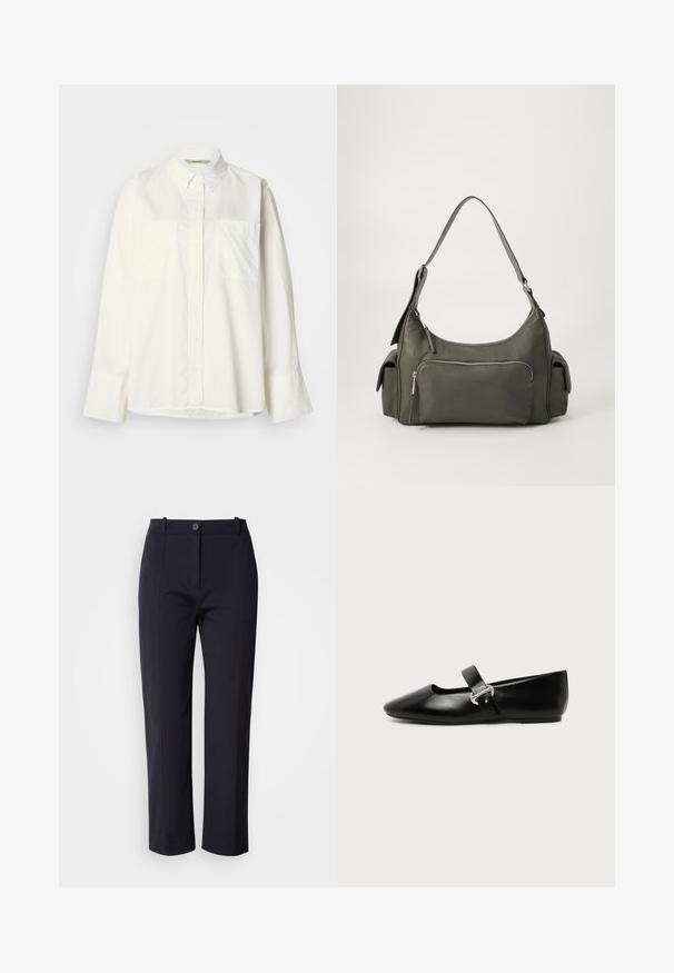 Chemise blanche à manches longues en coton avec un col boutonné, deux poches poitrine et un ourlet droit. Présente une texture subtile.; Pantalons bleu marine à jambe droite, confectionnés dans un tissu lisse. Comprend des poches avant et une fermeture à bouton à la taille.; Chaussure plate Mary Jane en cuir noir avec bout arrondi et bride à boucle argentée sur fond uni.; Sac à épaule en cuir vert avec un design arrondi, poche zippée à l'avant et poches supplémentaires sur les côtés. Texture lisse et matériel minimal.