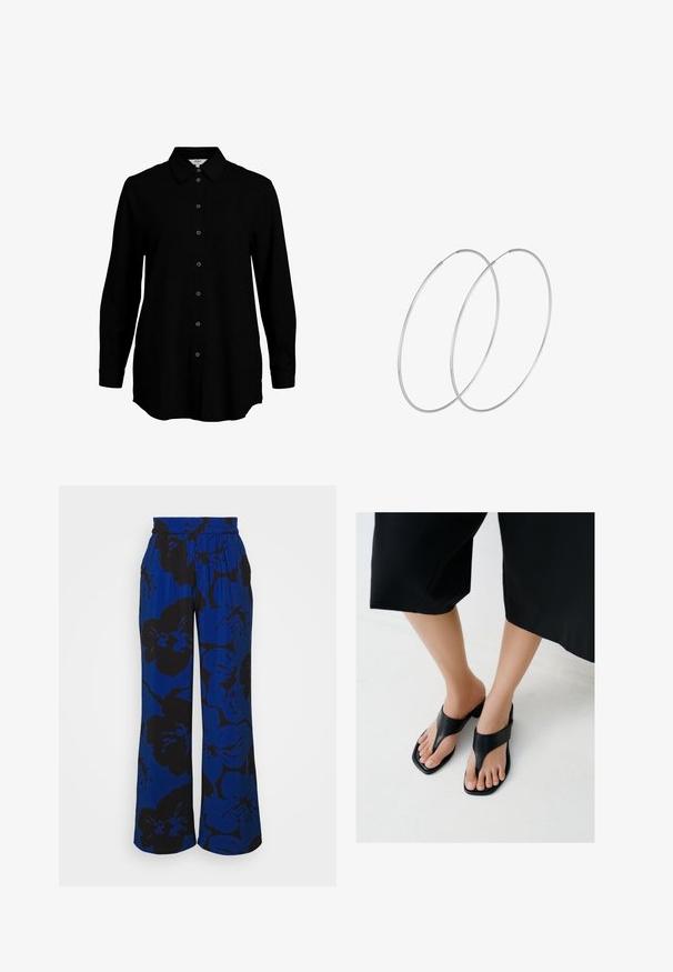 Chemise noire à manches longues avec un devant boutonné, col classique et texture de tissu douce. Présente des détails tissés discrets et des poignets étroits.; b.young BYIBINE PANTS - Pantalon classique - nautical blue mix; Pieds portant des sandales à talons noirs à bouts carrés avec des larges brides, associés à un pantalon noir court sur un sol clair.; Boucles d'oreilles en argent au design minimaliste. Forme circulaire, texture lisse et profil fin. Légères avec une finition polie.