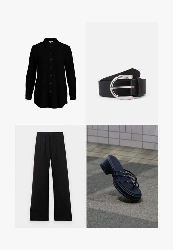 Chemise noire à manches longues avec un devant boutonné, col classique et texture de tissu douce. Présente des détails tissés discrets et des poignets étroits.; Pantalon large noir en coton. Doté d'une taille élastique et d'une finition lisse et texturée. Sans motifs ni accents visibles.; Sandale à plateforme noire avec trois fines brides et boucles argentées flottant au-dessus de l'asphalte près d'un mur carrelé.; Ceinture en cuir noir avec une boucle en métal argenté, présentant une texture lisse et un design classique. La sangle mesure 3,8 cm de large.