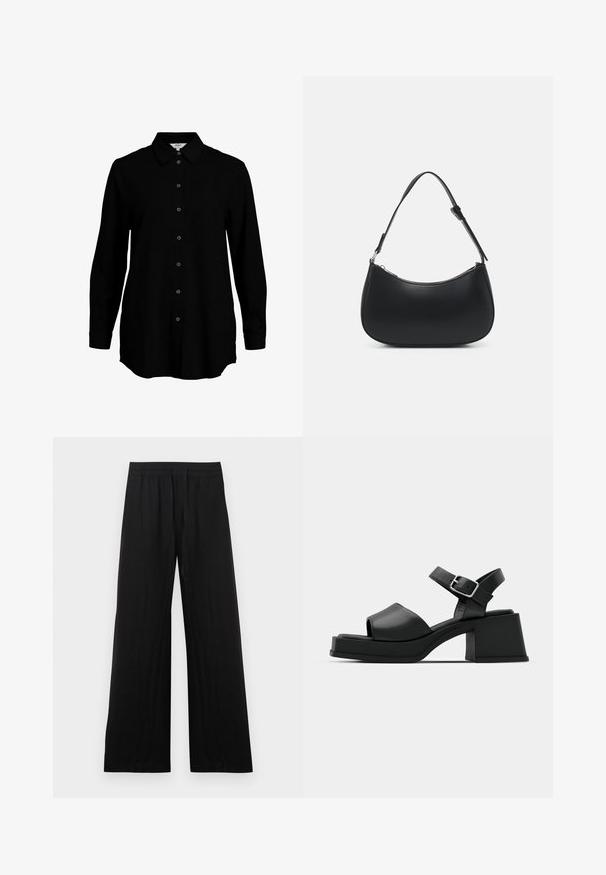 Chemise noire à manches longues avec un devant boutonné, col classique et texture de tissu douce. Présente des détails tissés discrets et des poignets étroits.; Pantalon large noir en coton. Doté d'une taille élastique et d'une finition lisse et texturée. Sans motifs ni accents visibles.; Sandales plateforme noires en cuir avec un design à bout ouvert, une bride à la cheville et un talon carré large. Texture lisse et style minimaliste.; Pieces PCALUANA SHOULDER BAG - Sac à main - black