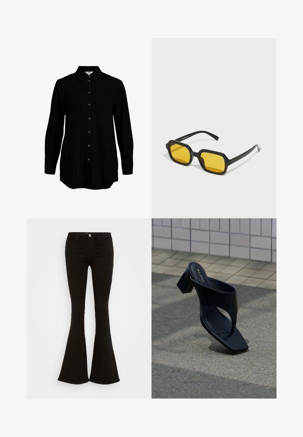 Chemise noire à manches longues avec un devant boutonné, col classique et texture de tissu douce. Présente des détails tissés discrets et des poignets étroits.; Jean flare noir taille haute avec bouton avant, passants de ceinture et cinq poches, affiché sur un fond blanc.; Sandale à talon noire avec bout carré et large bride, posée sur un bitume gris près d'un mur carrelé.; Lunettes de soleil rectangulaires noires avec des verres jaunes. Les caractéristiques incluent des montures épaisses et un design anguleux avec une finition lisse et brillante.