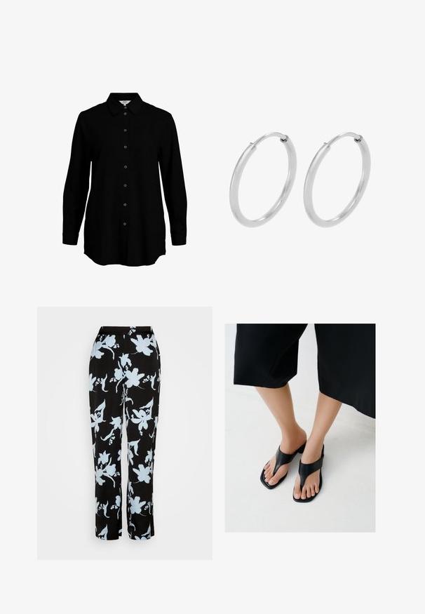 Chemise noire à manches longues avec un devant boutonné, col classique et texture de tissu douce. Présente des détails tissés discrets et des poignets étroits.; MSCH Copenhagen IRIDA PANTS - Pantalon classique - chamb blue; Pieds portant des sandales à talons noirs à bouts carrés avec des larges brides, associés à un pantalon noir court sur un sol clair.; Boucles d'oreilles en argent, de forme circulaire, avec une texture lisse et brillante, et une largeur constante. Design minimaliste sans accents supplémentaires.