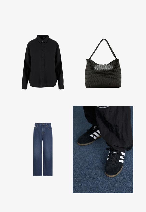Zwarte lange mouwen blouse met knopen, gemaakt van katoen, met een klassieke kraag, voorknoopsluiting en een ontspannen pasvorm met een gebogen zoom.; Donkerblauwe denim jeans met wijd uitlopende pijpen, voorzakken, riemlussen en een knoopsluiting in de taille tegen een witte achtergrond.; Zwarte suède sportschoenen met drie witte strepen en zwarte veters. Een gestructureerde zwarte broek is deels zichtbaar naast de schoenen.; Zwarte gevlochten leren schoudertas met één gevlochten handvat en een zachte, afgeronde rechthoekige vorm.