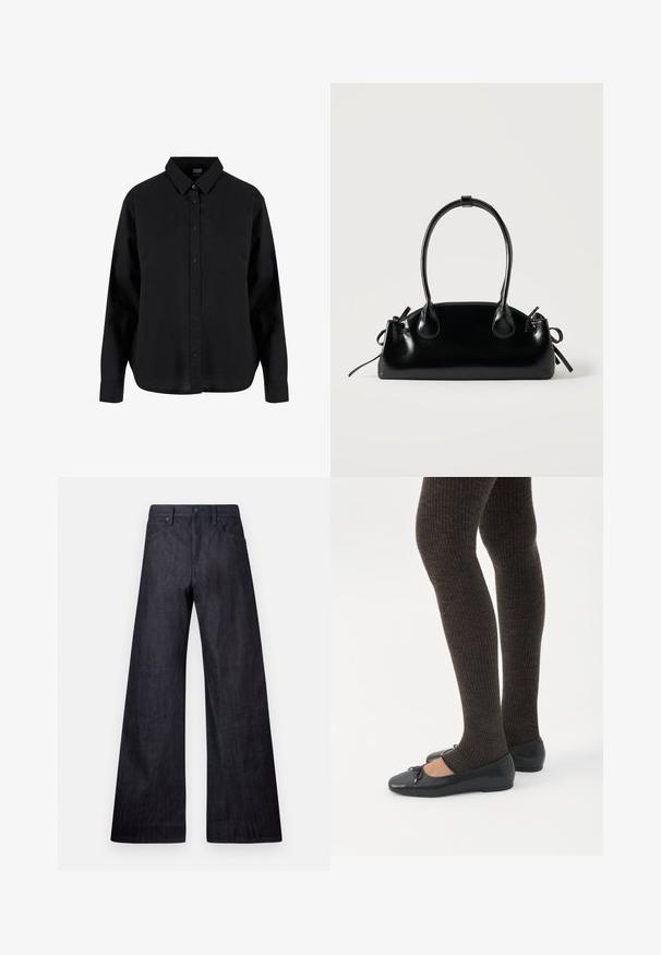 Zwarte lange mouwen blouse met knopen, gemaakt van katoen, met een klassieke kraag, voorknoopsluiting en een ontspannen pasvorm met een gebogen zoom.; Brede donkerdenim jeans met een gladde textuur, een traditionele vijf-pocketontwerp en een subtiele glans met een knoopsluiting.; Benen met donkere geribbelde leggings gecombineerd met zwarte ballerina's met kleine strikdetails op een witte achtergrond.; Kleine zwarte glanzende handtas met twee lange hengsels en zijkant trekkoord details op een effen lichte achtergrond.