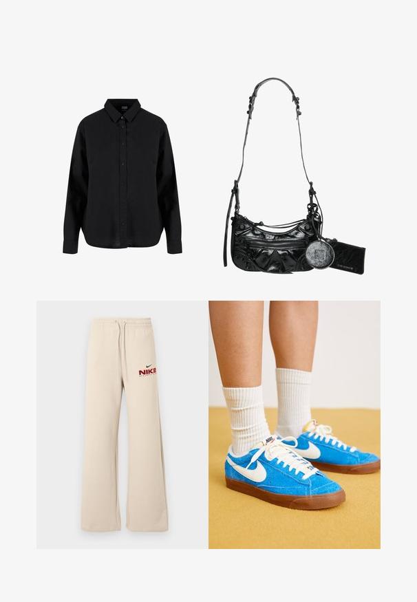 Zwarte lange mouwen blouse met knopen, gemaakt van katoen, met een klassieke kraag, voorknoopsluiting en een ontspannen pasvorm met een gebogen zoom.; Losse beige sweatpants met elastische tailleband en trekkoorden, met daarop het rode en zwarte Nike Athletic Club-logo op de linker dij.; Blauwe suède Nike sneakers met witte accenten, platte veters en bruine rubberen zolen, gecombineerd met geribbelde witte sokken.; Zwarte synthetische leren handtas met een gebogen ontwerp, een ritsvak aan de voorkant en decoratieve hardware, inclusief een afneembare ronde muntenpouch.