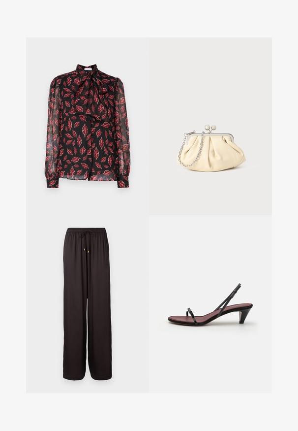Hofmann Copenhagen NOLA - Hemdbluse - kiss me red; Locker sitzende schwarze Hose mit elastischem Bund und Zugband mit goldfarbigen Spitzen, mit vollem Bein und geradem Schnitt.; Schwarze High Heels Sandale mit dünnen Riemen und einer kleinen dekorativen Schnalle. Die Innensohle hat eine kontrastierende burgunderrote Farbe und einen schlanken, konischen Absatz.; Faltige beigefarbene Ledertasche mit einem silbernen Metallrahmen, ausgestattet mit zwei runden dekorativen Verschlüssen und einem silbernen Kettenriemen.