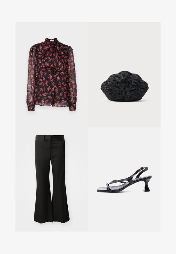 Hofmann Copenhagen NOLA - Blusa - kiss me red; Pantalones de tiro medio en negro, acampanados y confeccionados en un material suave, que cuentan con un diseño limpio y ajustado sin adornos visibles.; Sandalia de mujer de cuero negro con tiras finas, punta cuadrada, hebilla ajustable en el tobillo y tacón acampanado de altura media.; Bolso de mimbre negro con forma de concha de vieira con parte superior curva y textura tejida sobre un fondo liso.