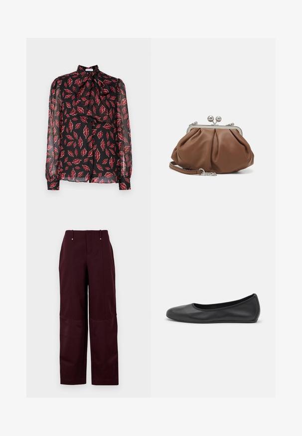 Hofmann Copenhagen NOLA - Hemdbluse - kiss me red; Burgunderfarbene Hose mit lockerer Passform, ausgestattet mit einer glatten Textur, zwei Fronttaschen und zwei Zierknöpfen am Bund.; Schwarze Leder-Ballettschuhe mit abgerundeter Spitze, glatter Textur, minimalen Nähdetails und einem flexiblen Sohlen-Design.; Weekend Max Mara PRATI - Clutch - cuoio